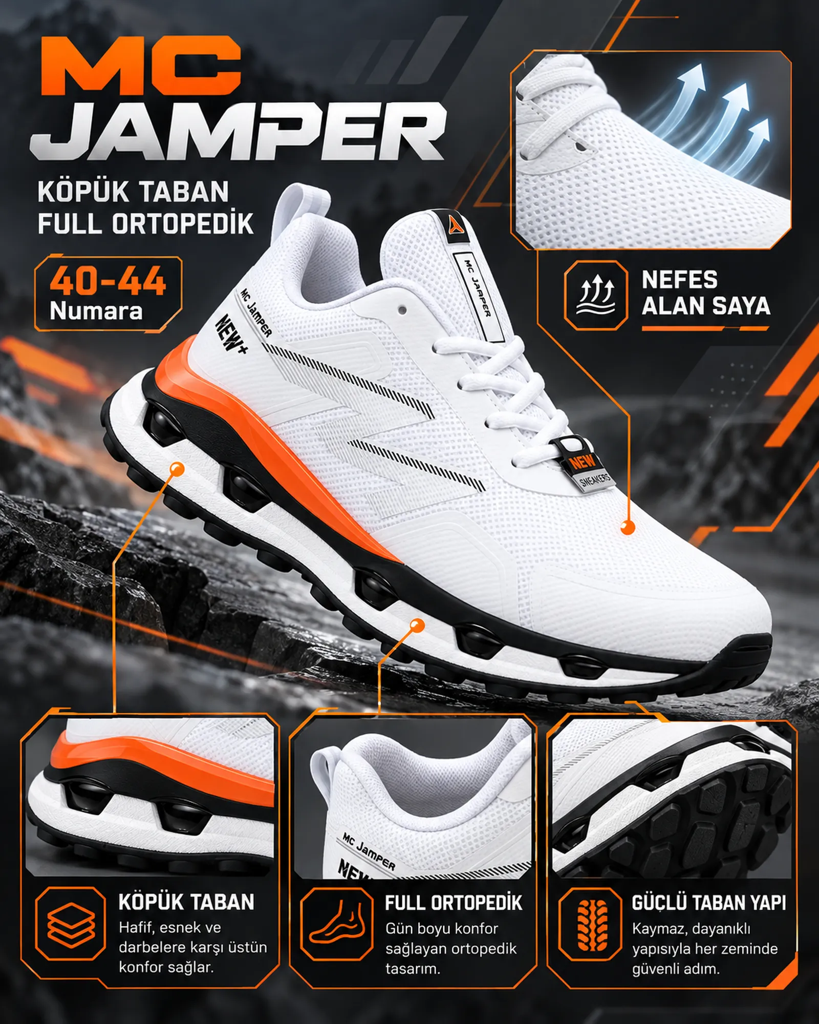 MC Jamper Beyaz/Turuncu Erkek Sneaker – Memory Foam Taban ürün tanıtım görseli 1